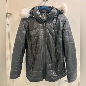Black Genuine Leather Quilted Puffer Jacket with White Fur Trim Removable Hood